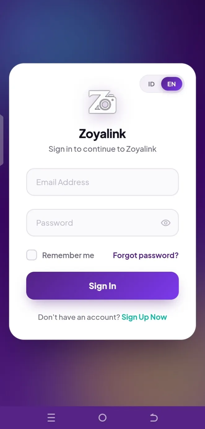 Zoyalink Login Screen