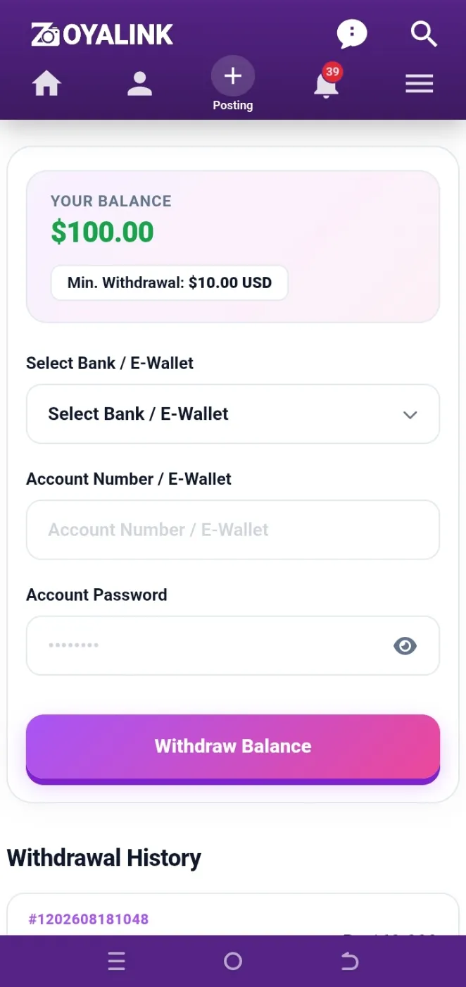 Zoyalink Withdraw Screen